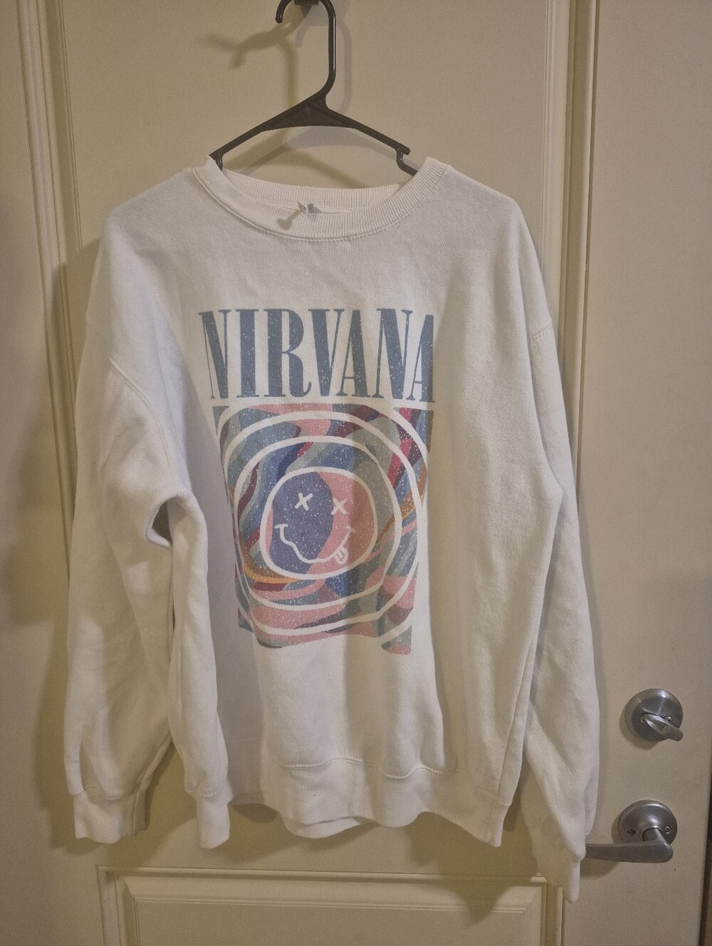 NIRVANA White Crewneck with Pastel Swirl Smiley Graphic
